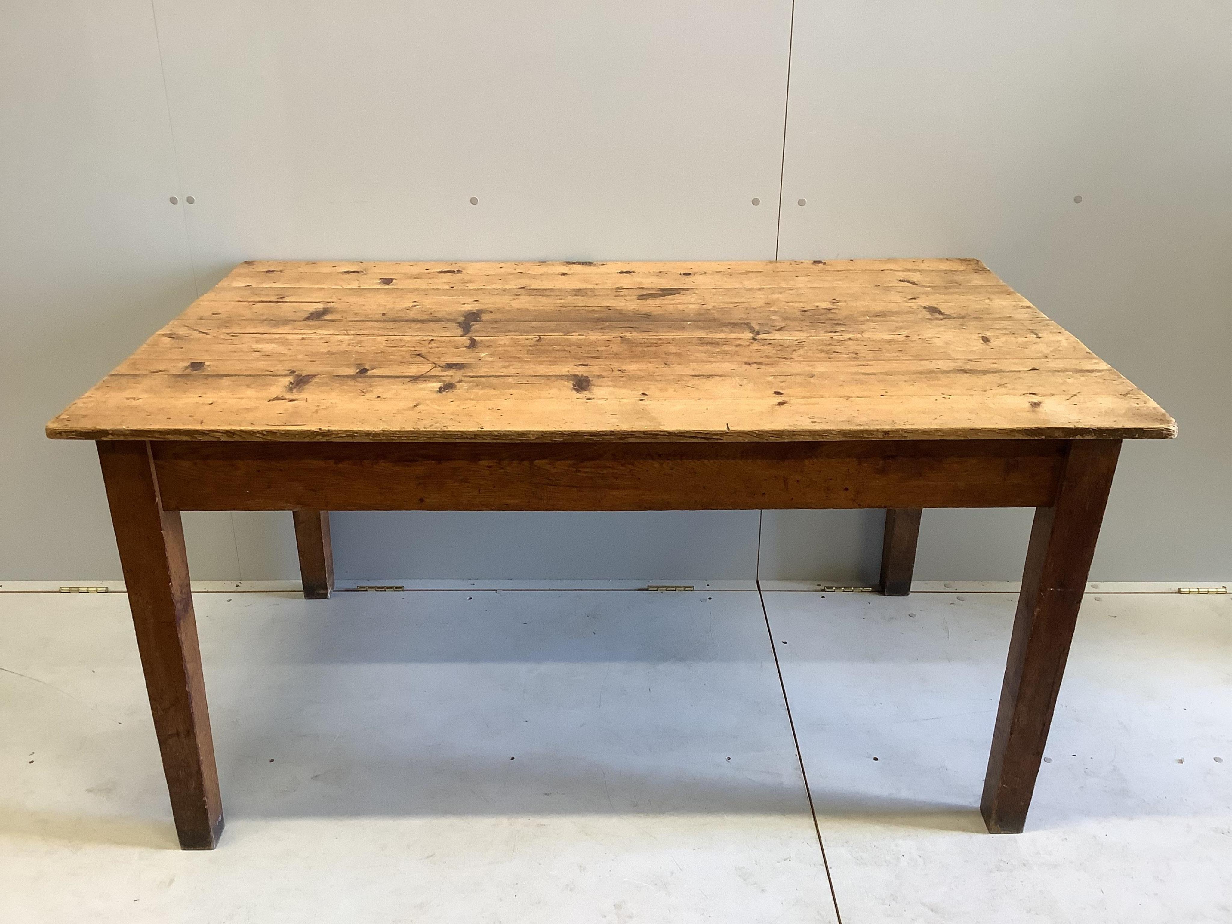 A Victorian rectangular pine kitchen table, width 152cm, depth 89cm, height 76cm. Condition - fair